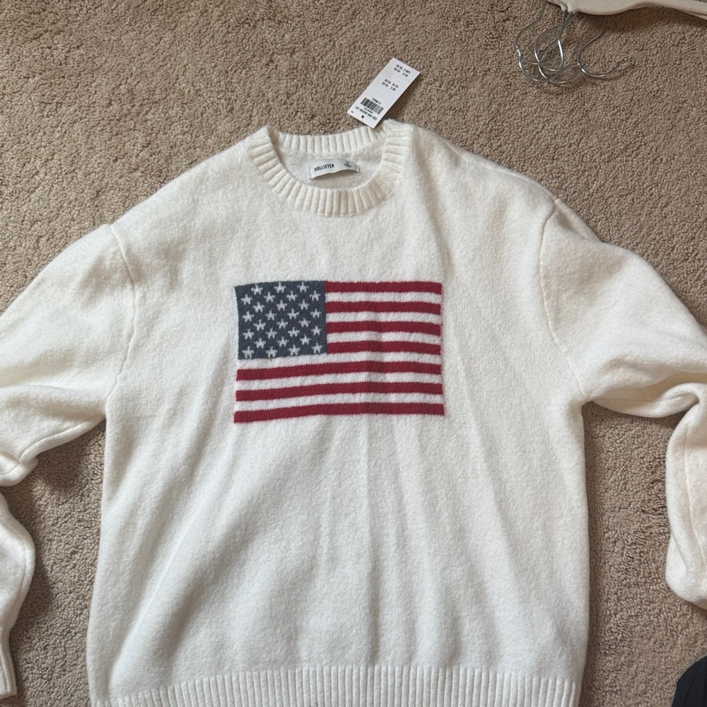 Hollister White Crewneck Sweater with Flag Design